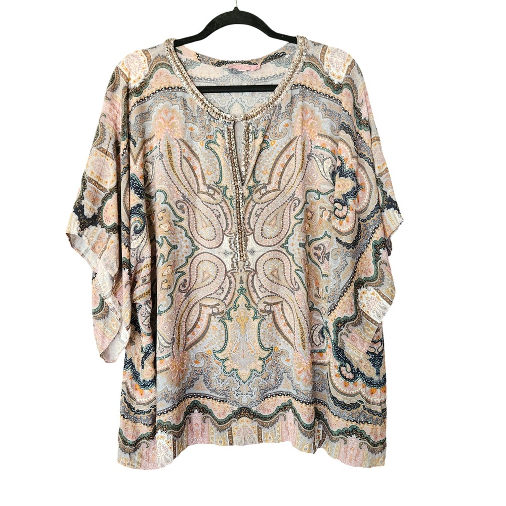Calypso St Barth Beaded 100% Silk Top Blouse M Sheer Paisley Kimono Half Sleeves